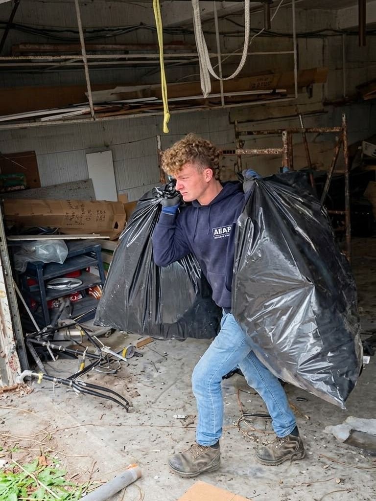 Crew member carrying two large bags of debris out of the basement