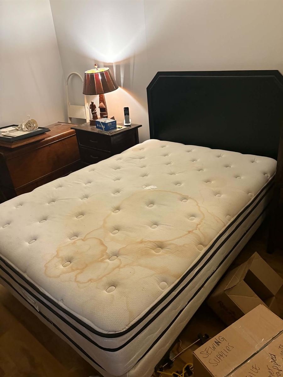 Stained mattress on a bed frame waiting for bed bug-safe removal